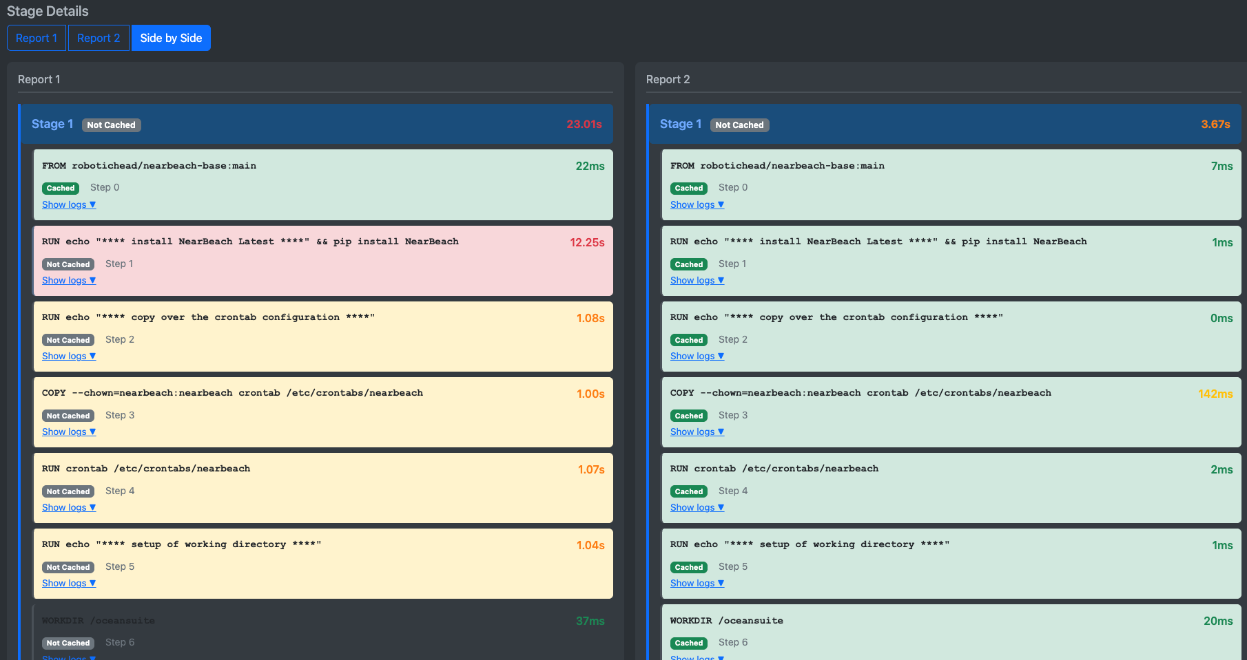 Compare stages / steps